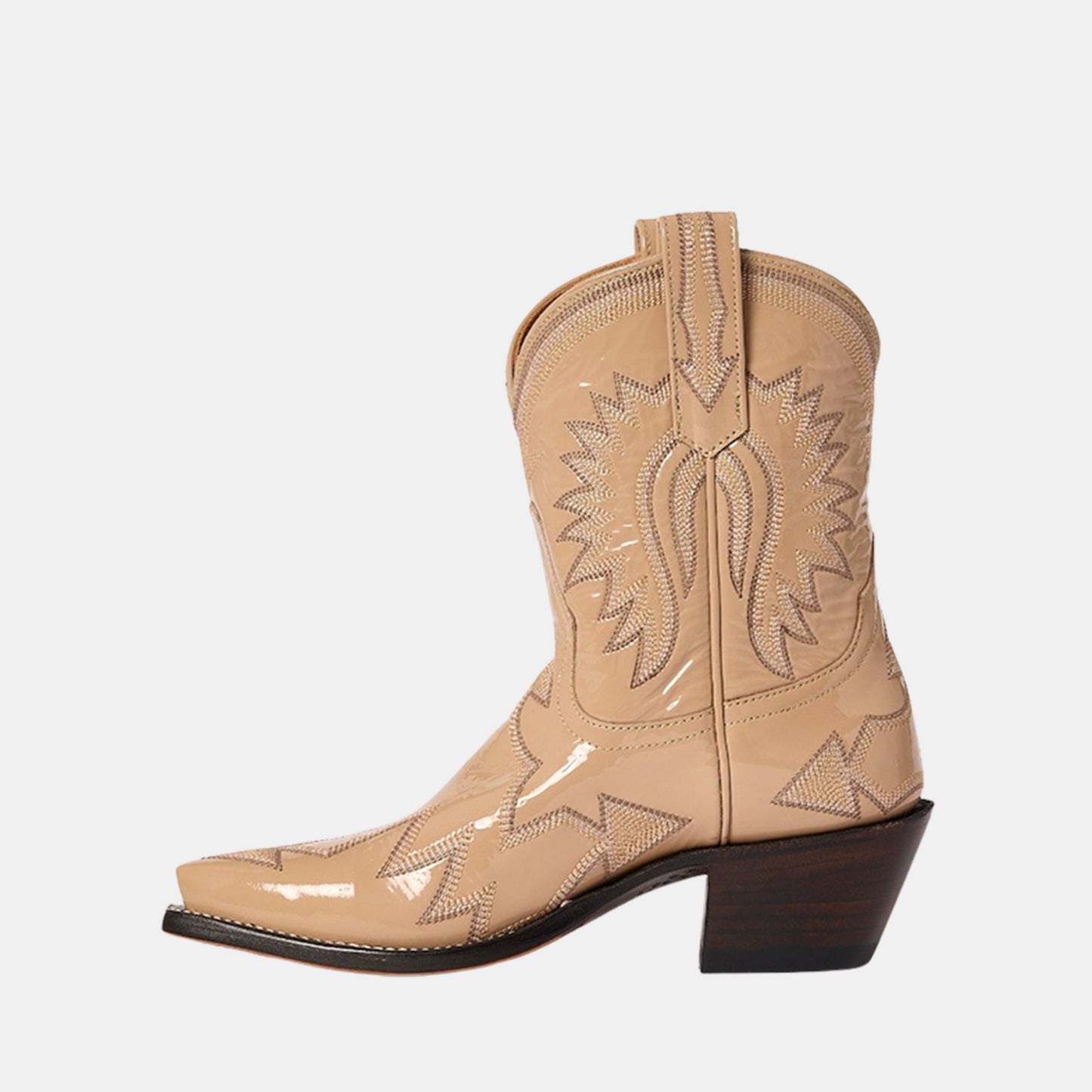 Patent Beige Snip-Toe Western Embroidery Ankle Cowgirl Boots