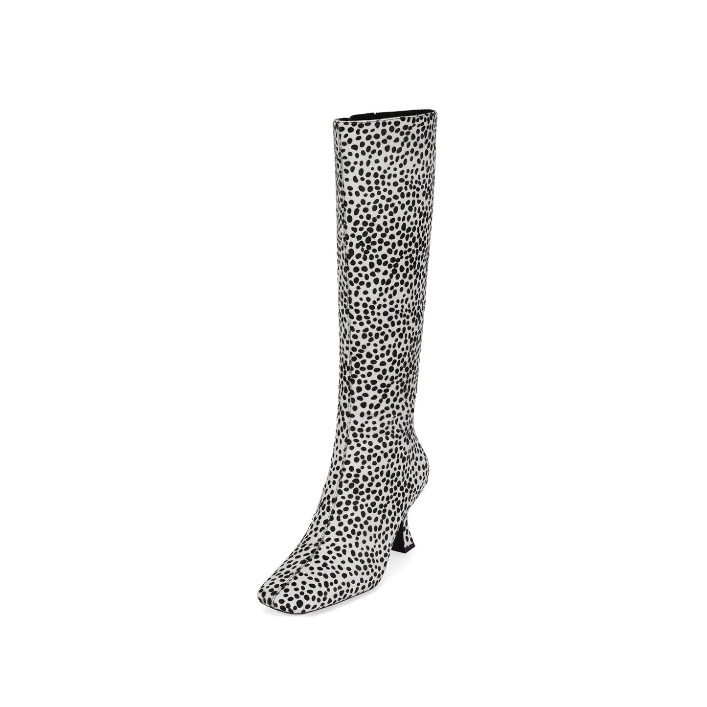 White Pony Hair Print Square-Toe Black Spots Full-Zip Knee High Stiletto Boots