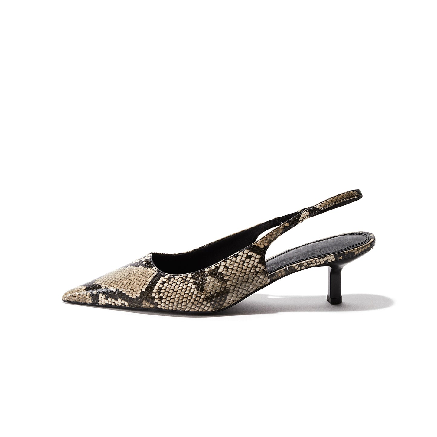 Snakeskin Print Pointed-Toe Slingback Slip-On Kitten Heels