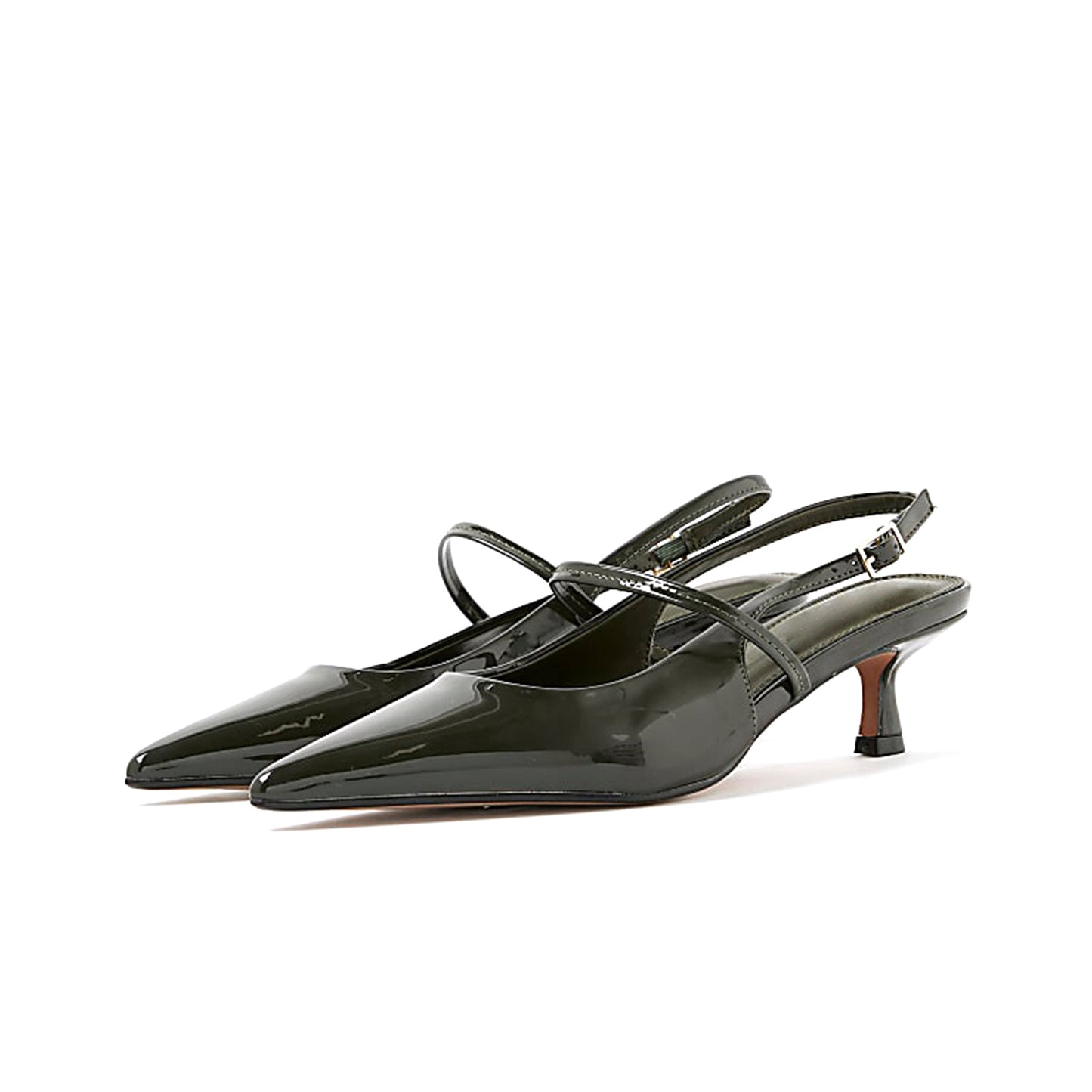 Patent Khaki Pointed-Toe Strappy Slingback Kitten Heels