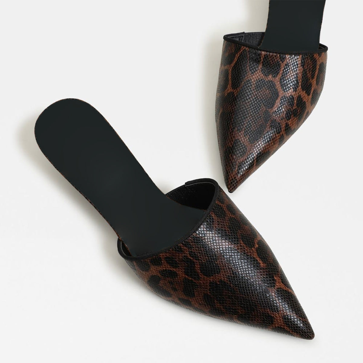 Black Leopard Pattern Pointed-Toe Backless Chic Kitten Heels
