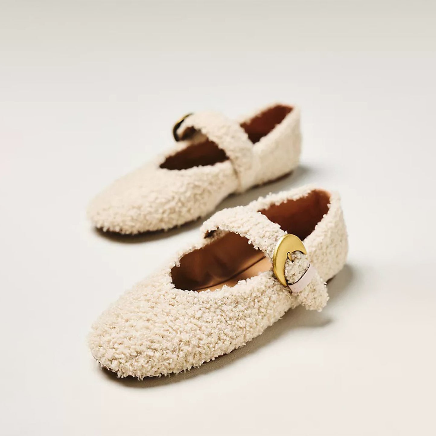 Nude Plush Square-Toe Buckle Bridge Strap Ballet Flats