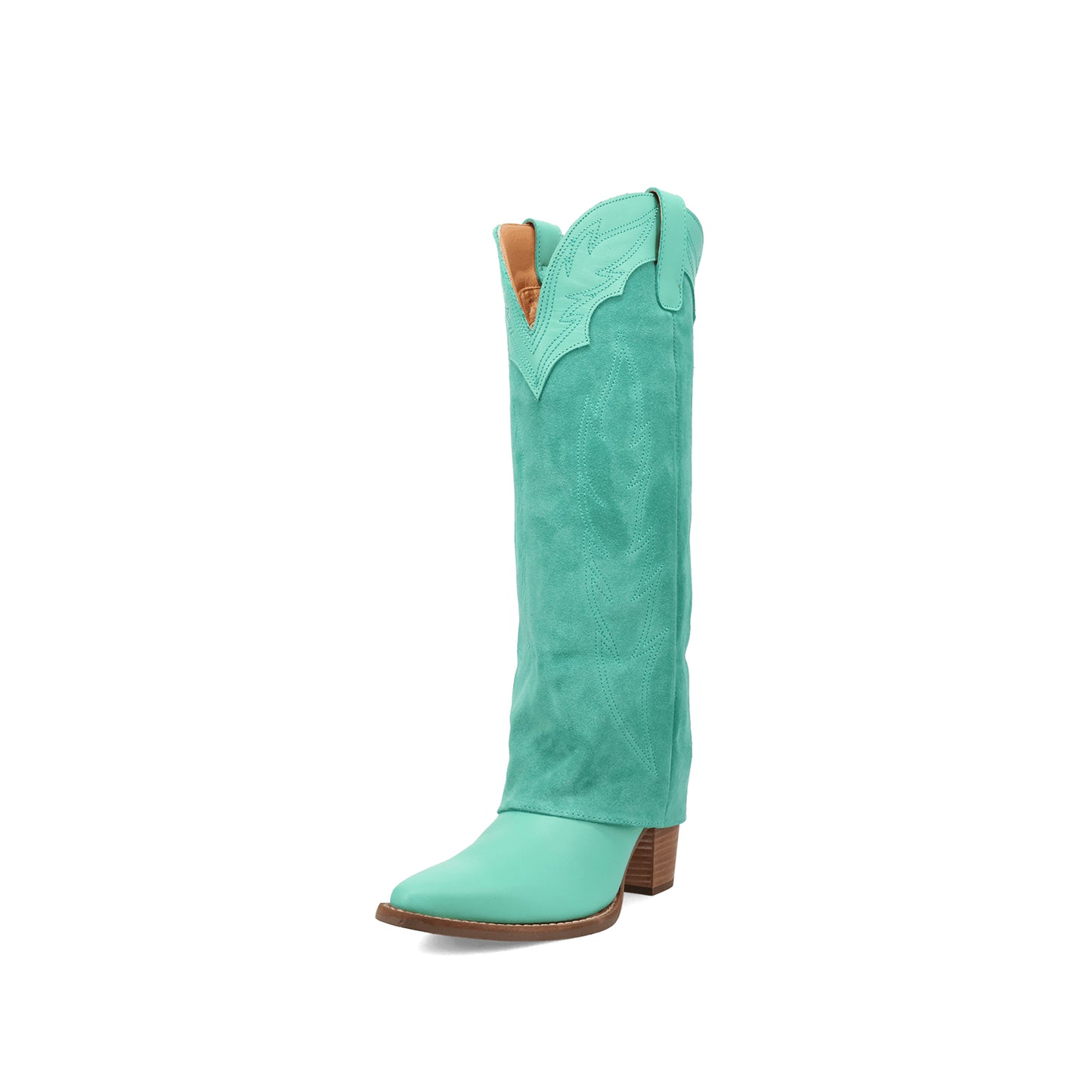 Green Snip-Toe Faux Suede Fold-Over Embroidery Wide Calf Knee High Cowgirl Boots