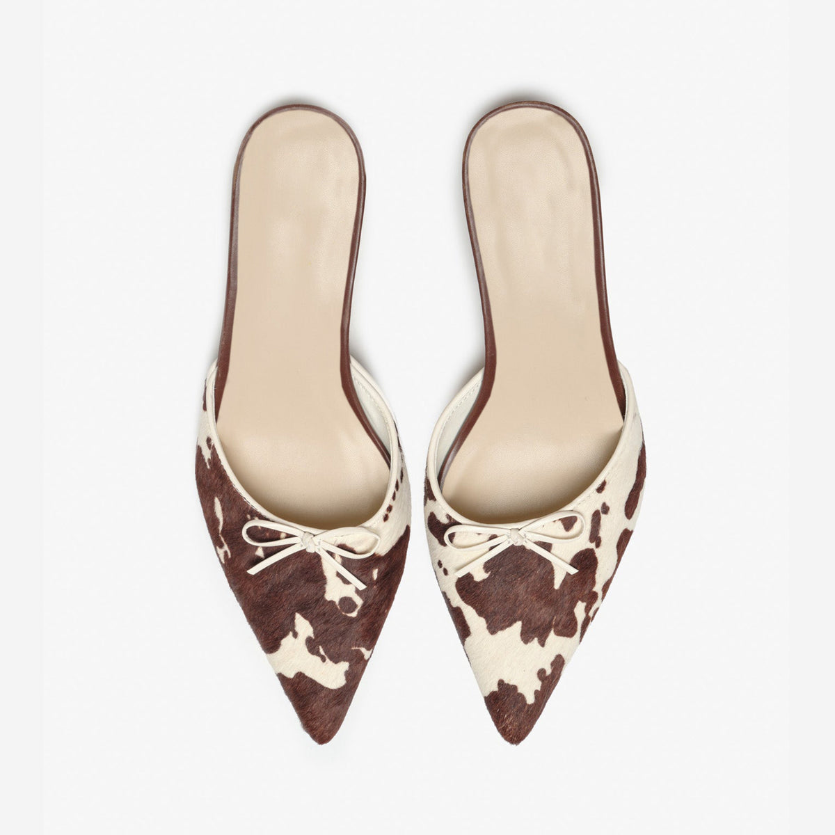 Cow Pattern Pony Hair Vegan Leather Pointed-Toe Front Bow Backless Kitten Heels
