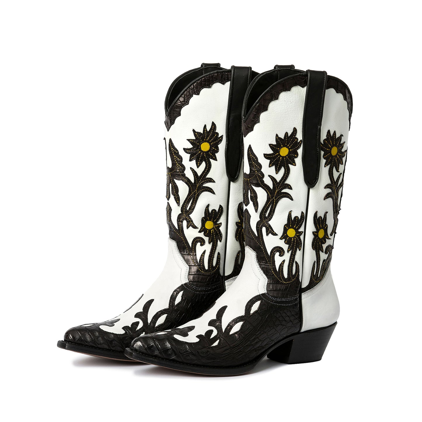 White Almond-Toe Flowers And Crocodile Print Appliques Mid Calf Cowgirl Boots