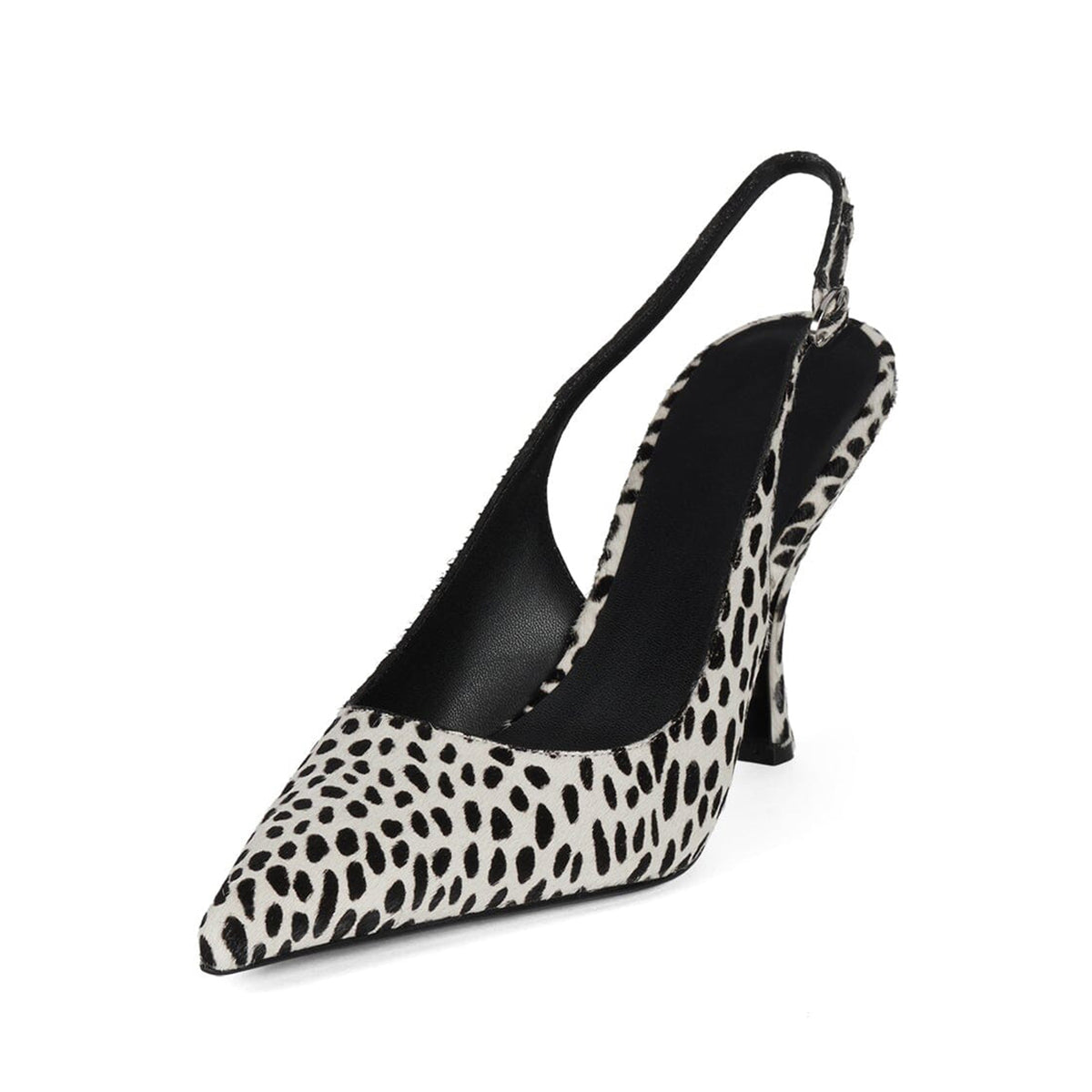 White And Black Spots Pony Hair Vegan Leather Pointed-Toe Slingback High Heels