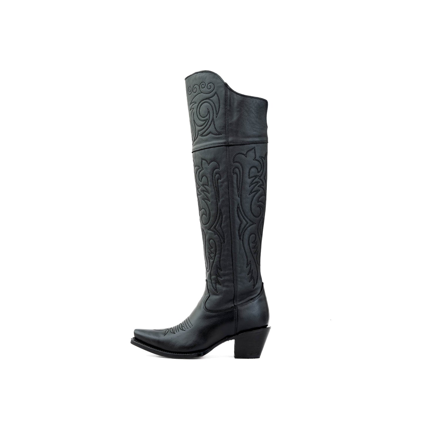 Black Snip-Toe Classic Embroidery Half-Zip Over-The-Knee Cowgirl Boots