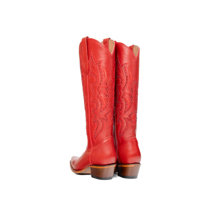 Red Snip-Toe Rhinestone And Embroidery Half-Zip Knee High Cowgirl Boots