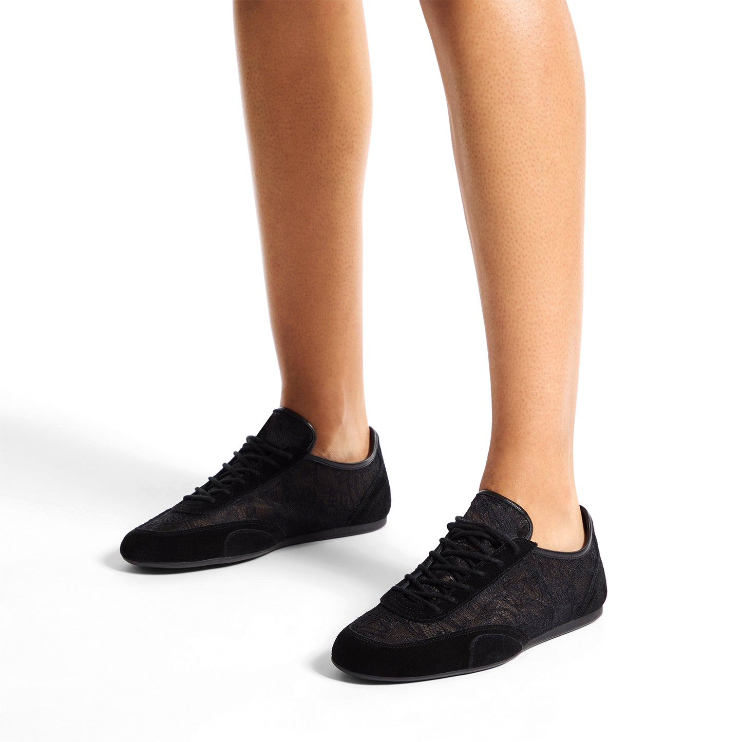 Black Faux Suede And Lace Mesh Round-Toe Lace-Up Sneakers Flats