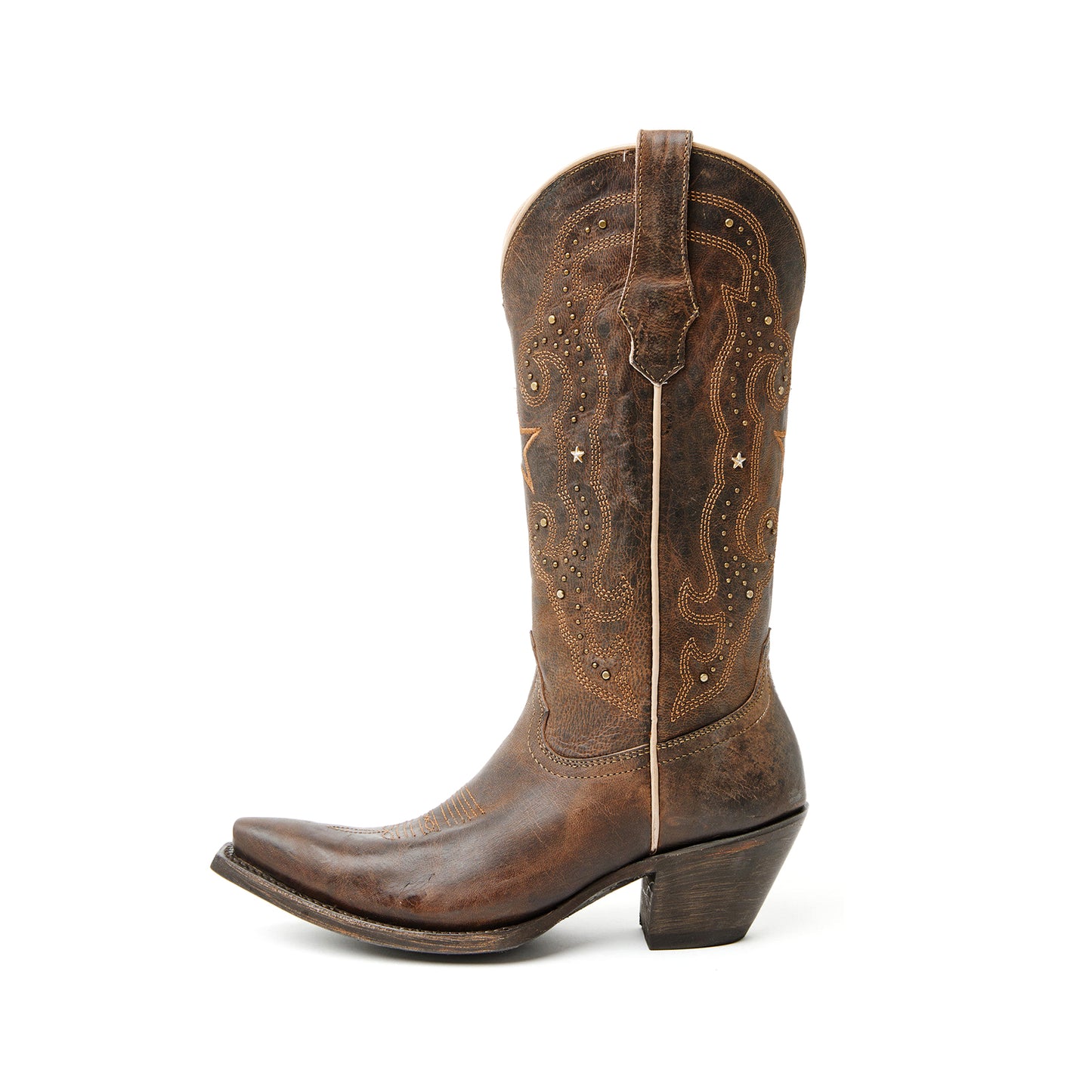 Distreseed Brown Snip-Toe Star Embroidery And Studs Mid Calf Cowgirl Boots