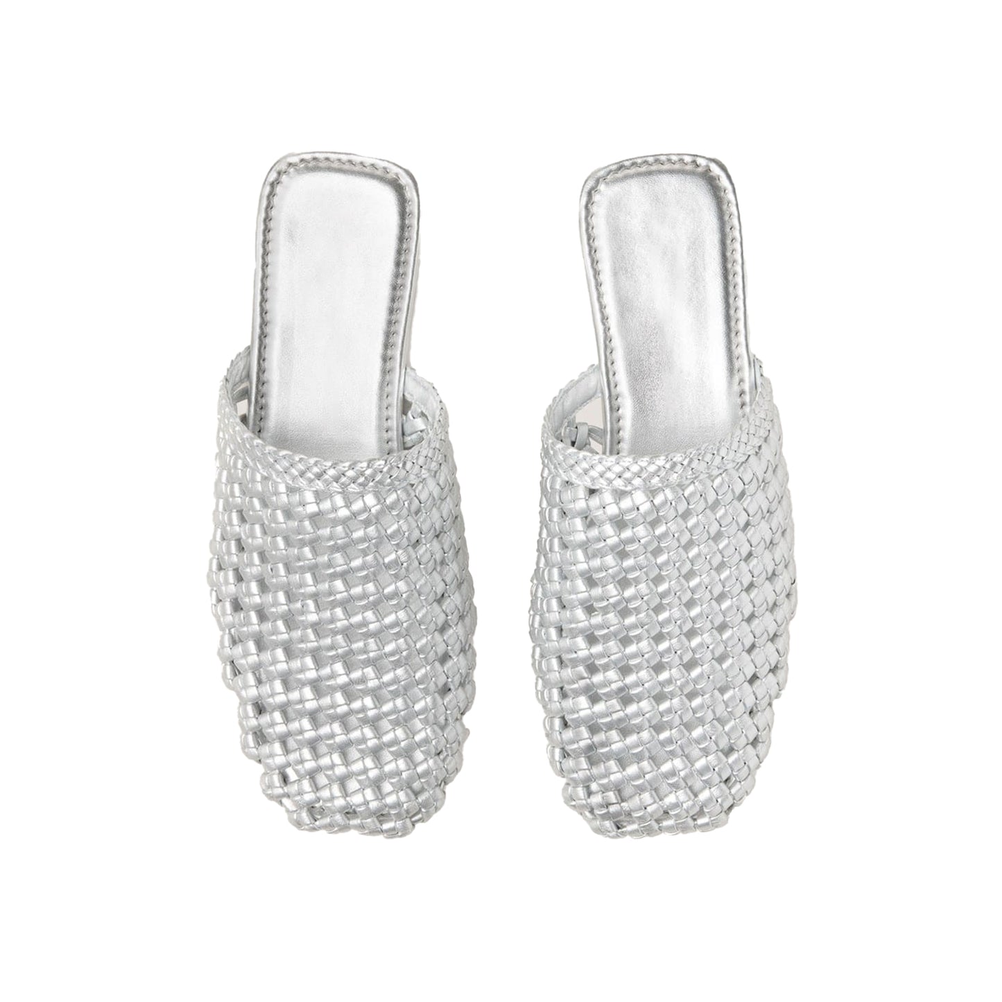 Metallic Silver Woven Vegan Leather Square-Toe Backless Chic Flats