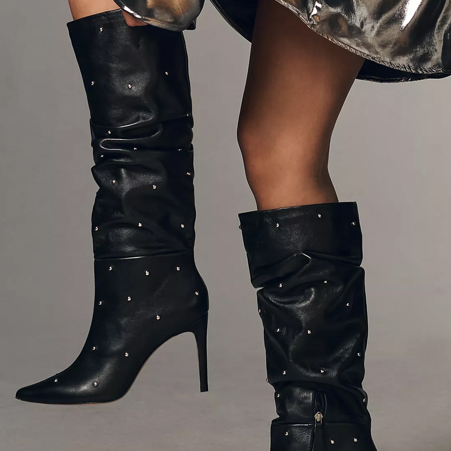 Black Pointed-Toe Studded Half-Zip Knee High Stiletto Boots