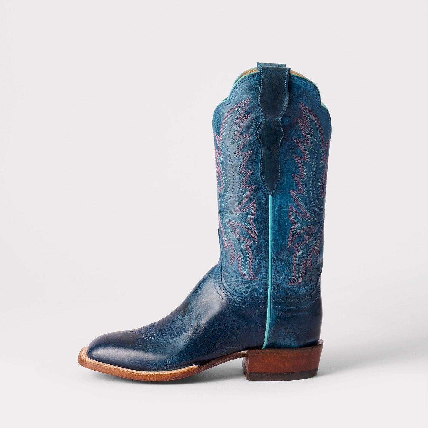 Dark Blue Square-Toe Delicate Embroidery Classic Mid Calf Cowgirl Boots