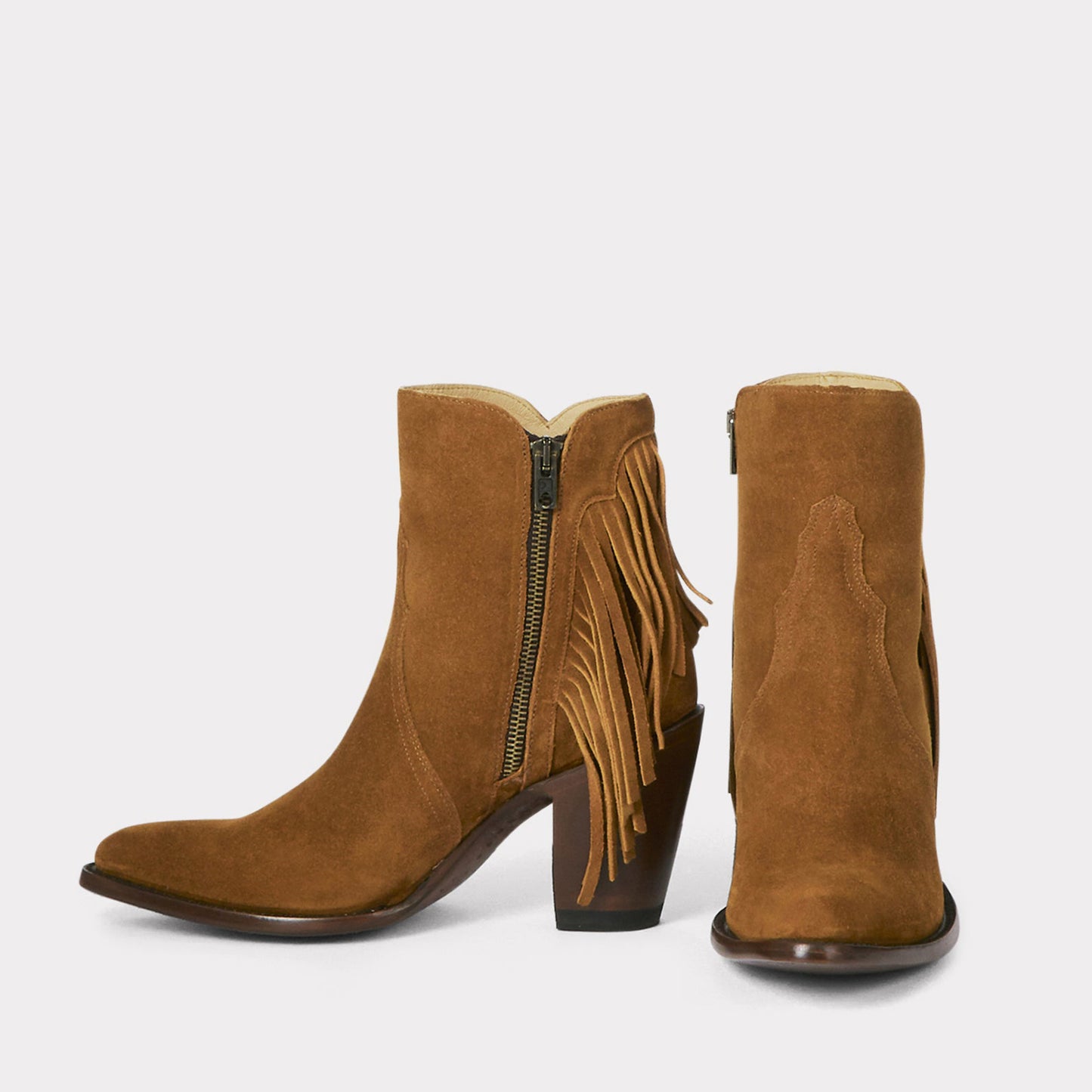 Cognac Faux Suede Round-Toe Side Fringe Half-Zip Simple Ankle Cowgirl Boots