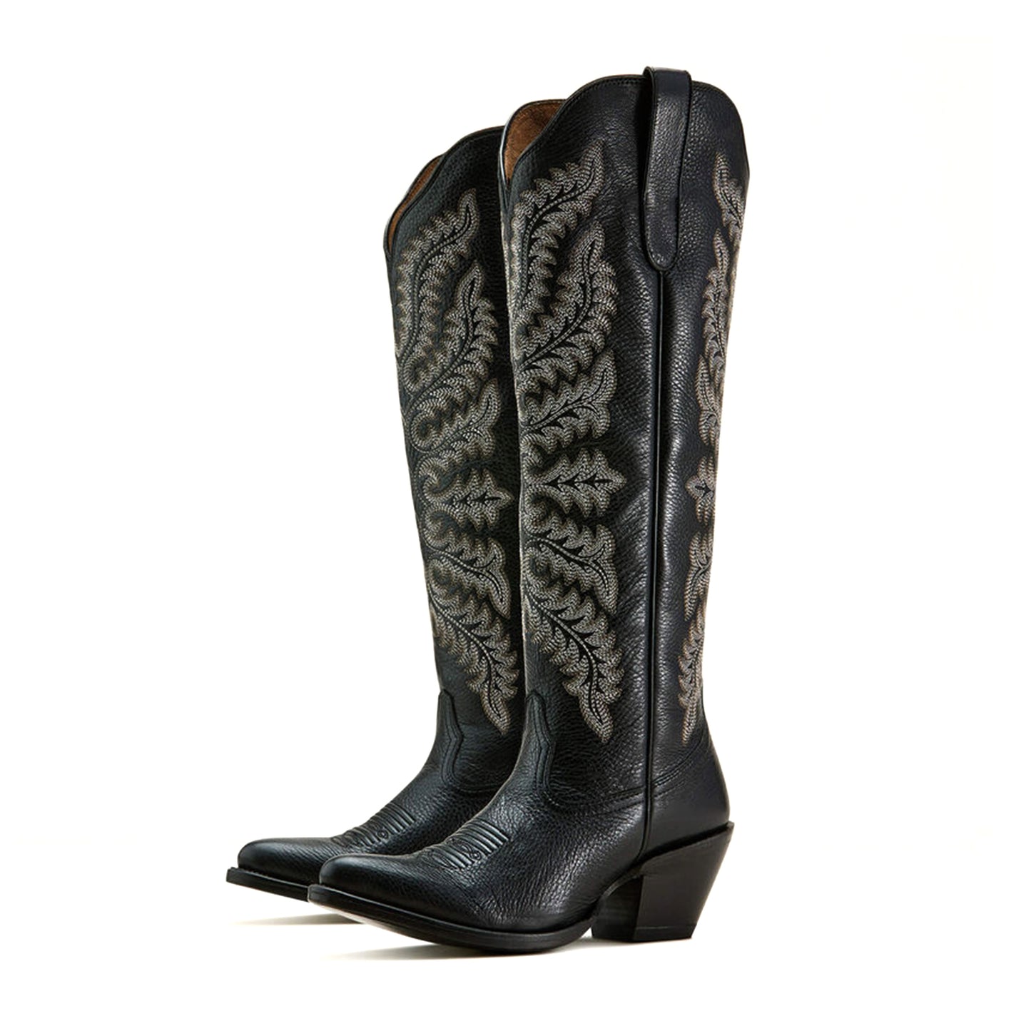 Black Almond-Toe Intricate Stitching Wide Calf Knee High Cowgirl Boots