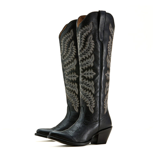 Black Almond-Toe Intricate Stitching Wide Calf Knee High Cowgirl Boots