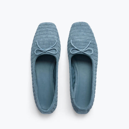 Blue Woven Faux Suede Square-Toe Front Bow Ballet Flats