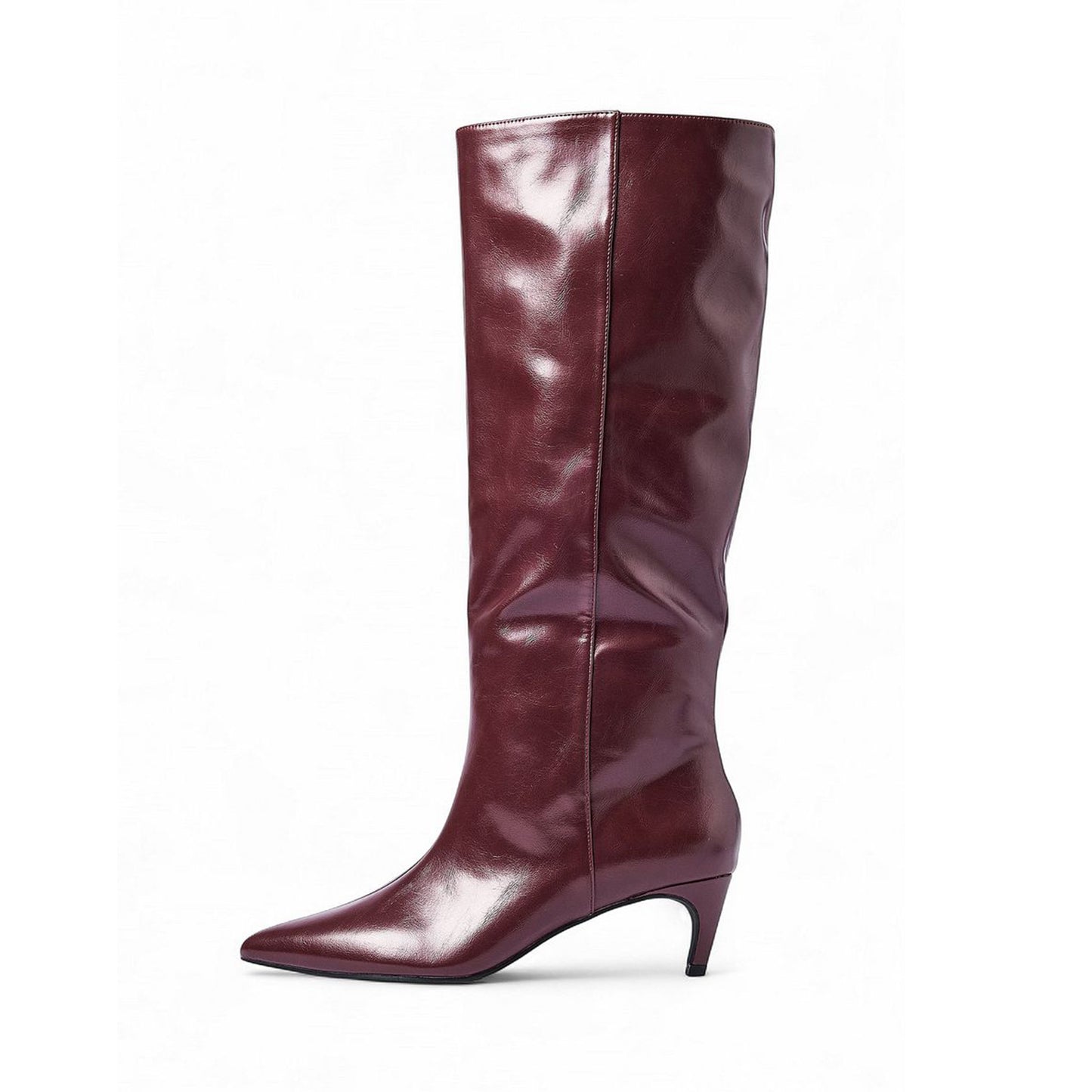 Burgundy Vegan Leather Pointed-Toe Full-Zip Knee High Stiletto Boots