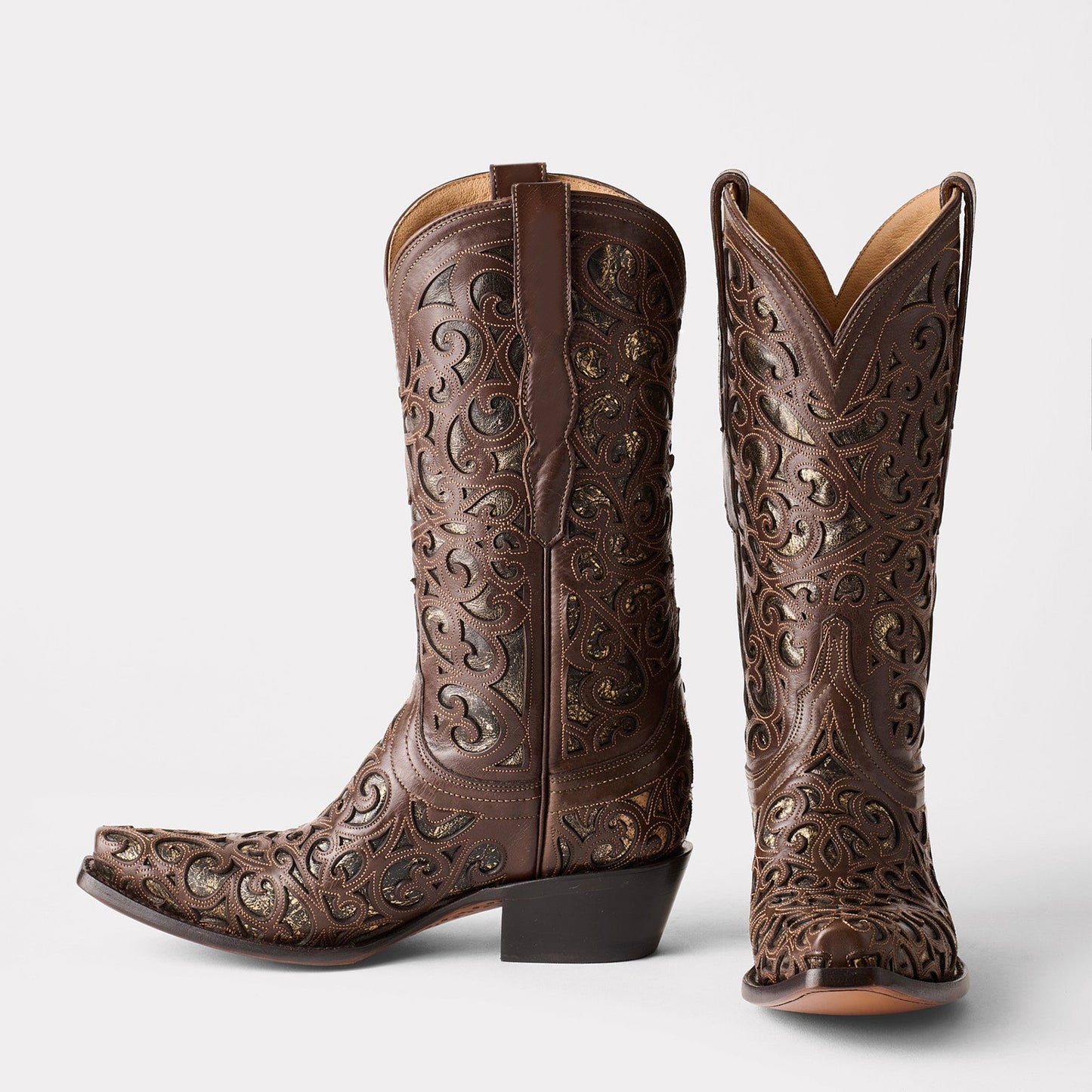 Coffee Snip-Toe Metallic Silver Inlays Chic Mid Calf Cowgirl Boots