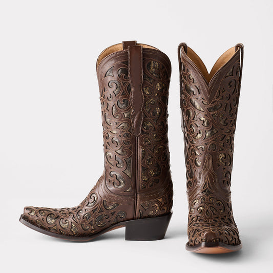Coffee Snip-Toe Metallic Silver Inlays Chic Mid Calf Cowgirl Boots