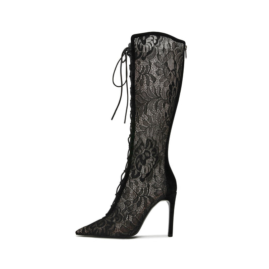 Black Lace Mesh Pointed-Toe Front Lace-Up And Back Full-Zip Knee High Stiletto Boots