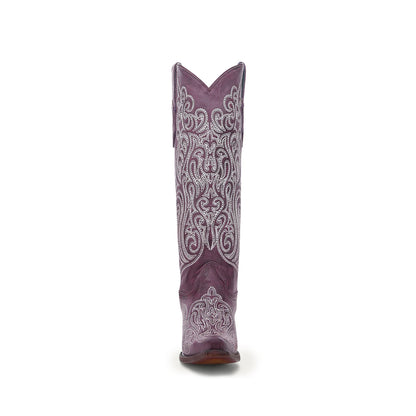 Dark Pink Snip-Toe Embroidery Wide Calf Knee High Cowgirl Boots