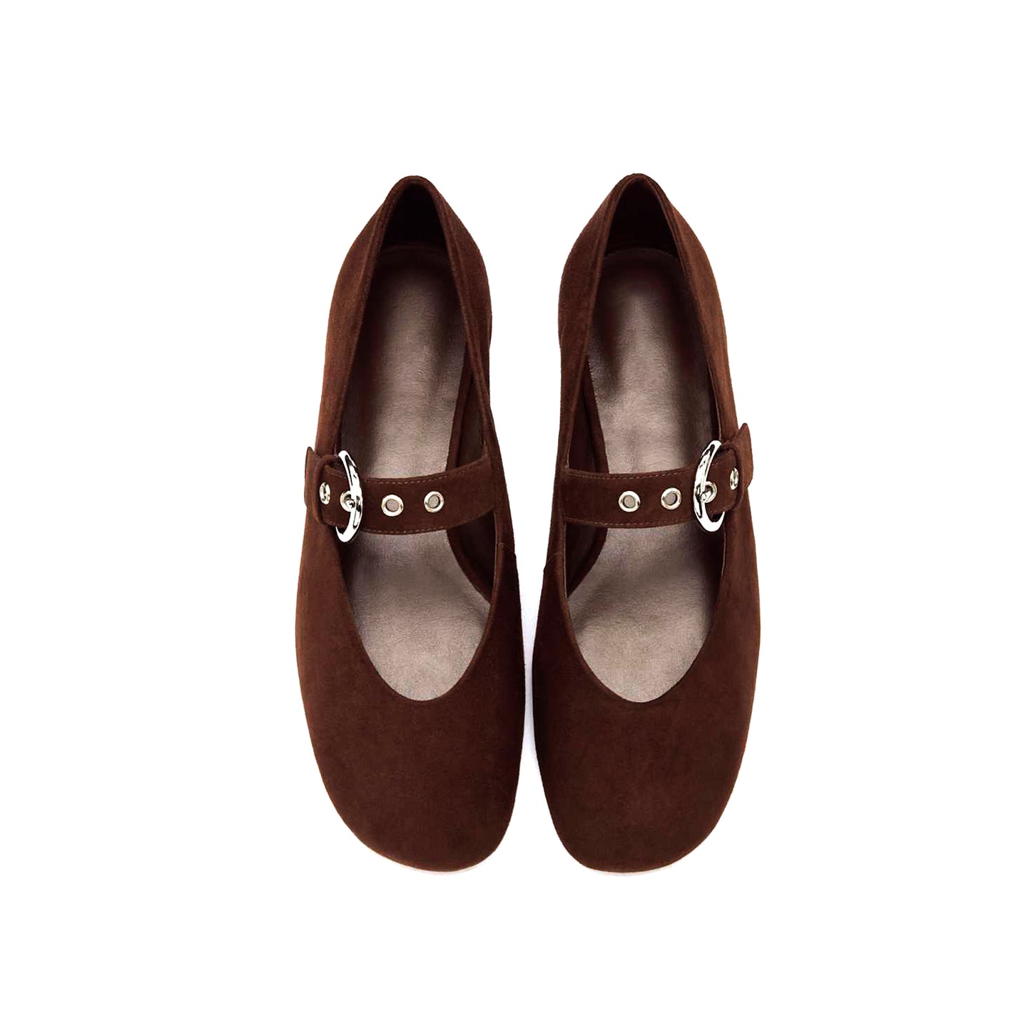 Coffee Faux Suede Square-Toe Classic Buckle Bridge Strap Ballet Flats