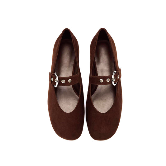 Coffee Faux Suede Square-Toe Classic Buckle Bridge Strap Ballet Flats