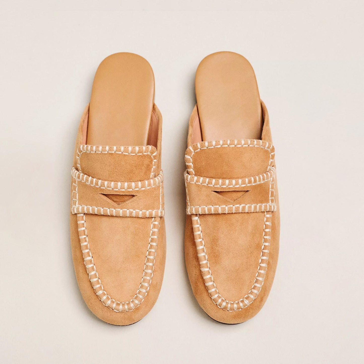 Camel Faux Suede Round-Toe Front Stitch Chic Loafers Flats