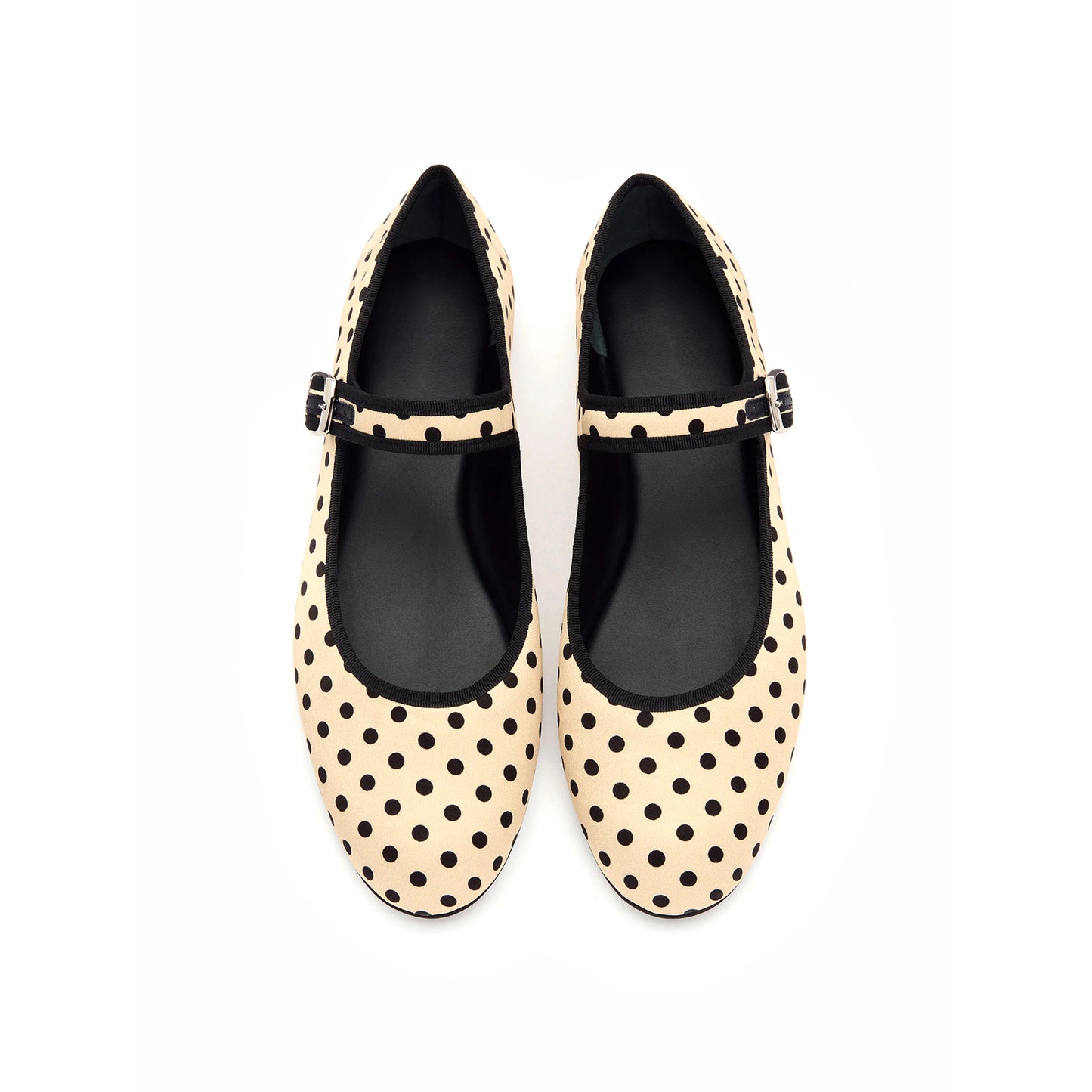 Cream Polka Dot Satin Round-Toe Bridge Buckle Strap Ballet Classic Flats