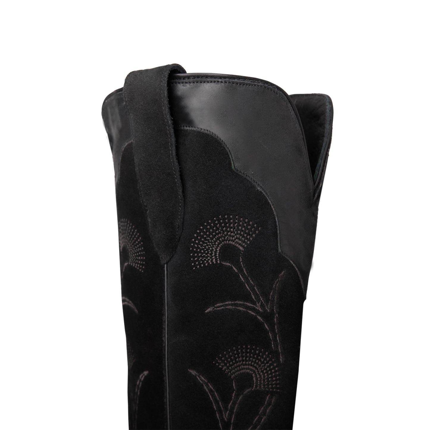 Black Contrast Faux Suede And Vegan Leather Snip-Toe Floral Embroidery Half-Zip Knee High Cowgirl Boots
