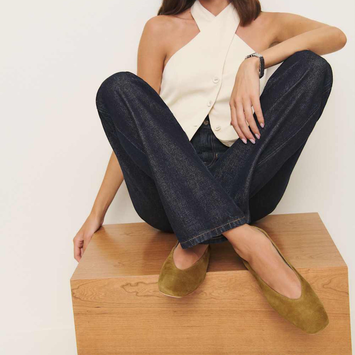 Tan Faux Suede Square-Toe Classic Ballet Slip-On Flats