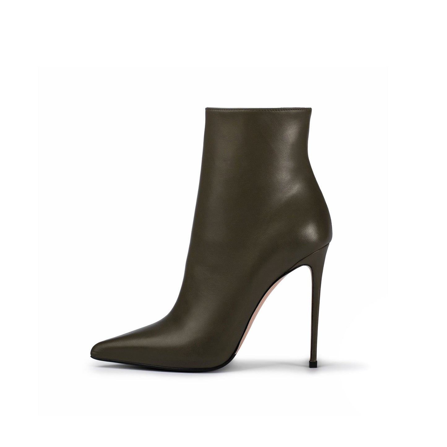 Khaki Green Pointed-Toe Simple Full-Zip Ankle Stiletto Boots