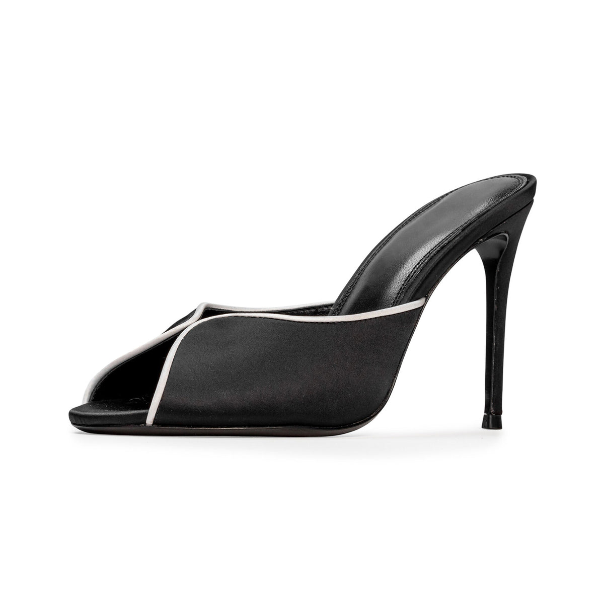 Black Satin Peep Round-Toe Slip-On Backless High Heels