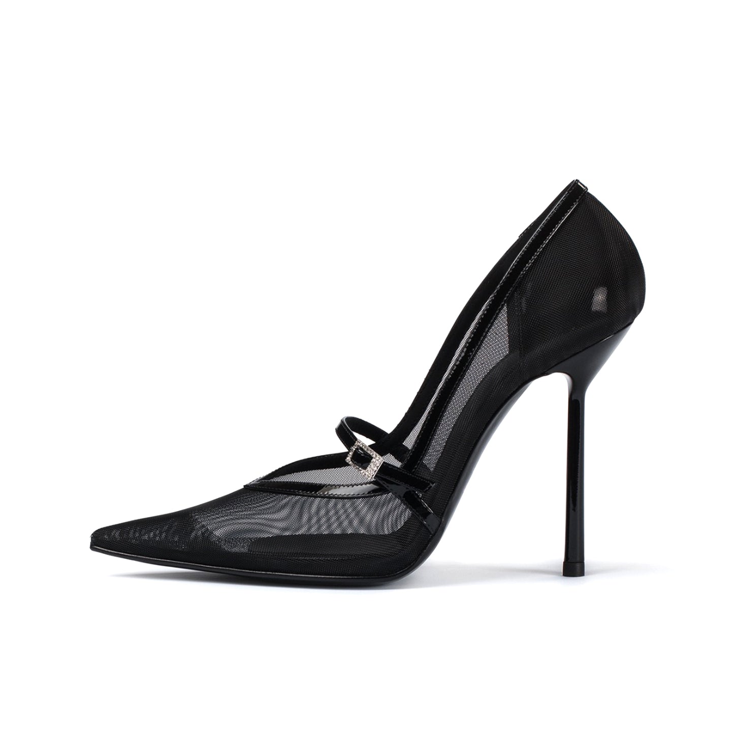 Black Mesh Pointed-Toe Patent Bridge Strap High Heels