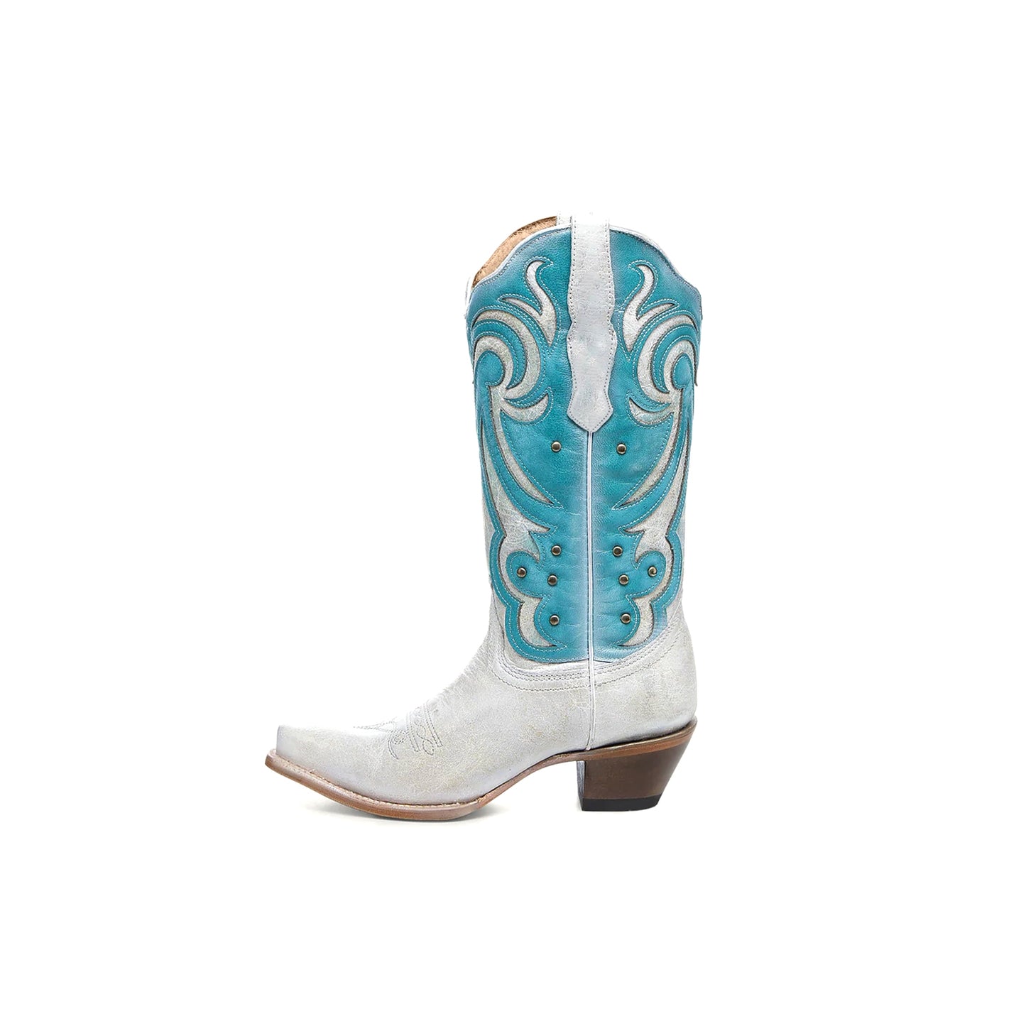 Distressed White Overlay Turquoise Snip-Toe Studded Mid Calf Cowgirl Boots