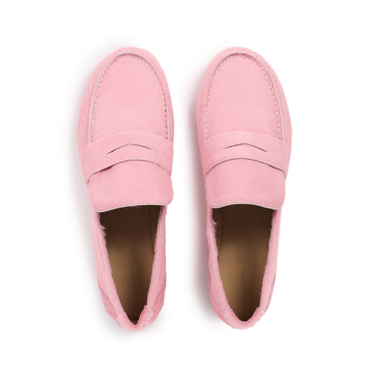 Pink Pony Hair Vegan Leather Round-Toe Slip-On Chic Loafers Flats
