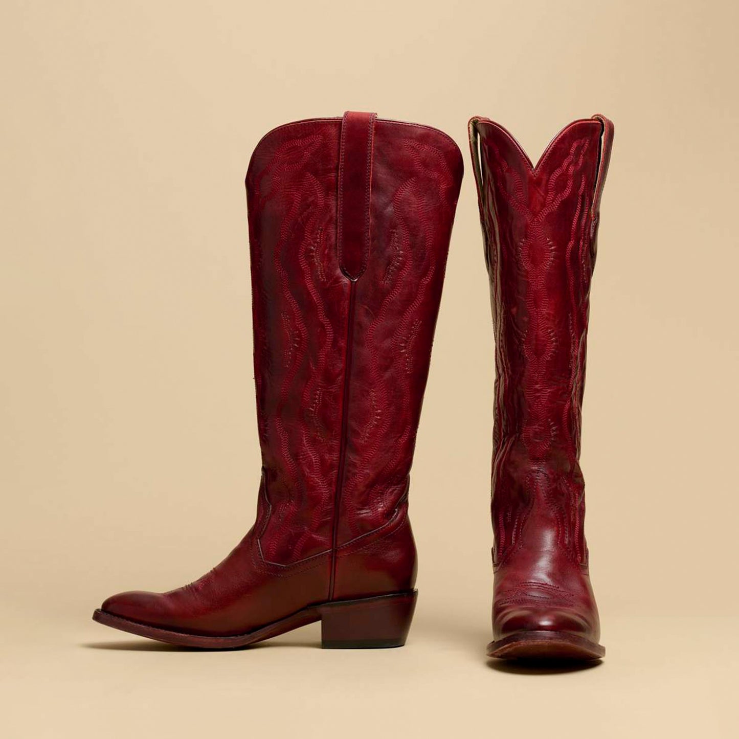 Red Round-Toe Classic Embroidery Wide Calf Knee High Tall Cowgirl Boots