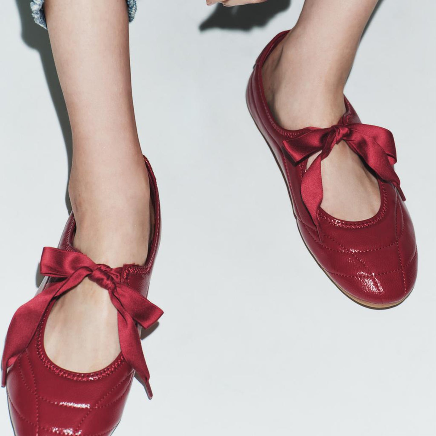 Patent Red Round-Toe Chic Stitch Bridge Strap Flats