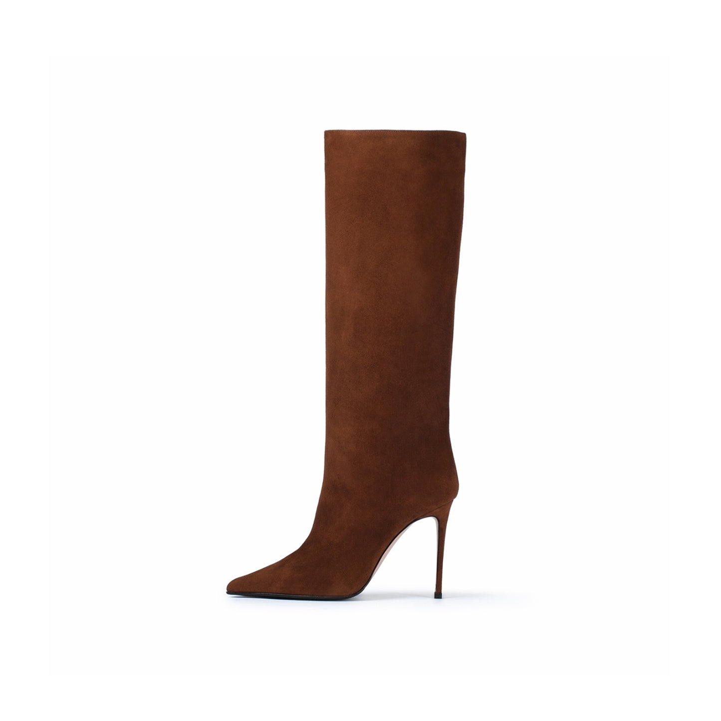 Coffee Faux Suede Pointed-Toe Simple Wide Calf Knee High Tall Stiletto Boots