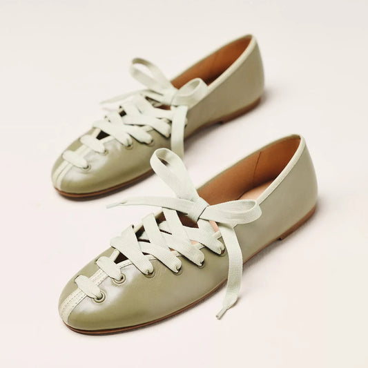 Sage Green Round-Toe Brown Lace-Up Ballet Flats