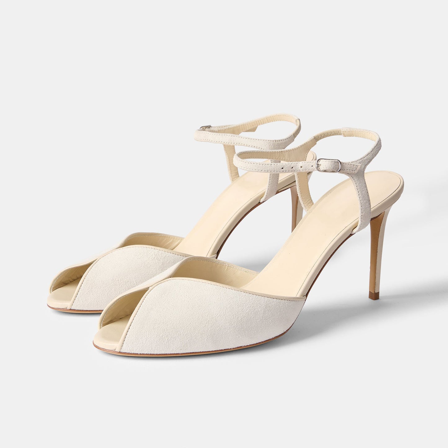 Ecru Faux Suede Peep Round-Toe Slingback And Ankle Strap Chic High Heels