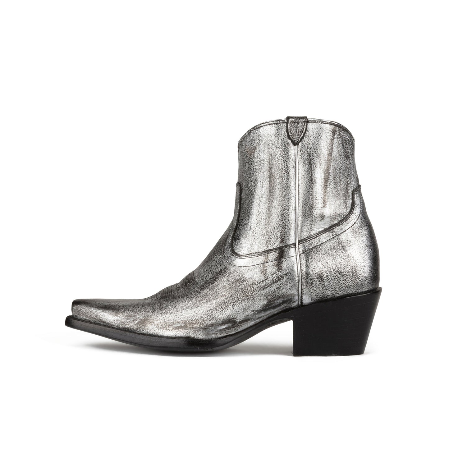 Metallic Pewter Snip-Toe Simple Full-Zip Ankle Cowgirl Boots