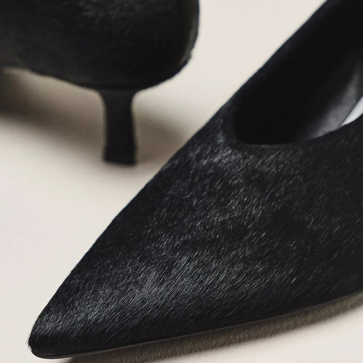 Black Pony Hair Vegan Leather Pointed-Toe Slip-On Chic Kitten Heels