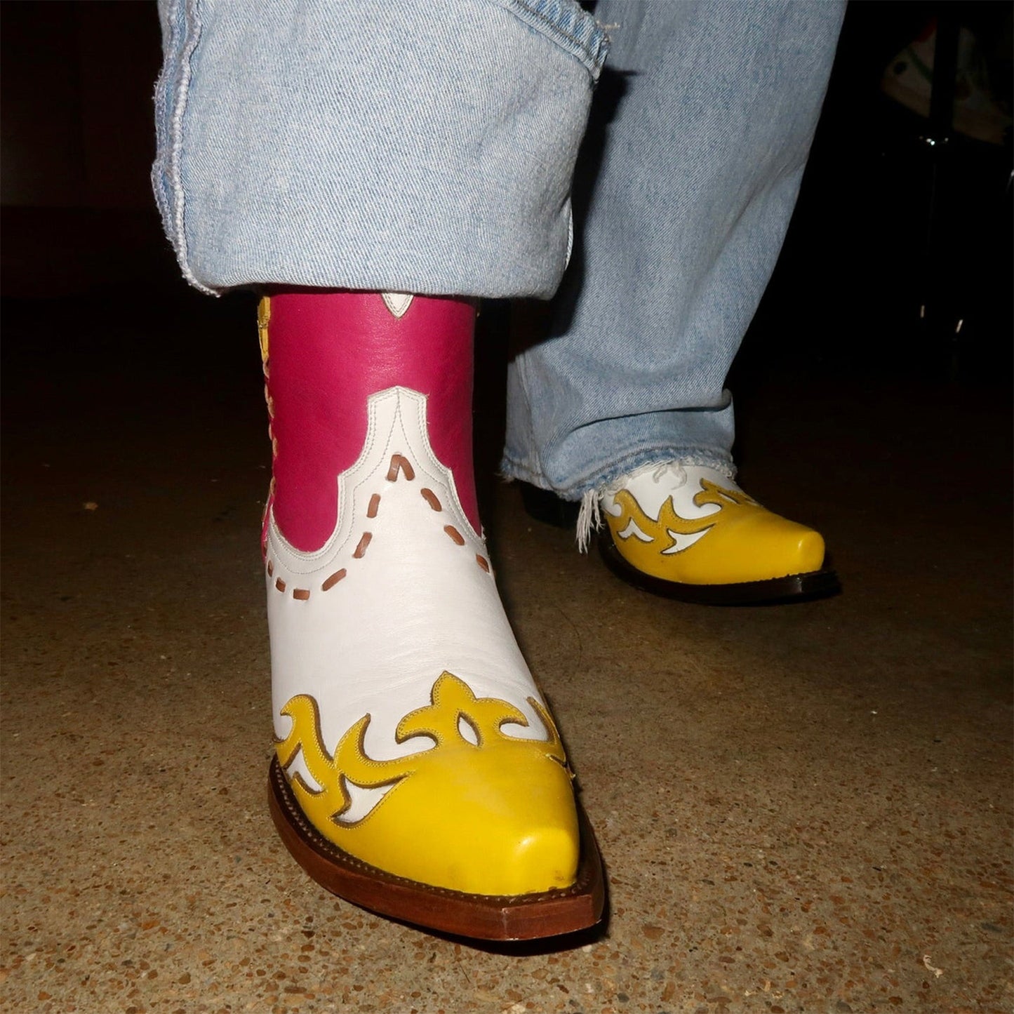 Contrast White And Pink And Yellow Snip-Toe Running Stitch Ankle Cowgirl Boots