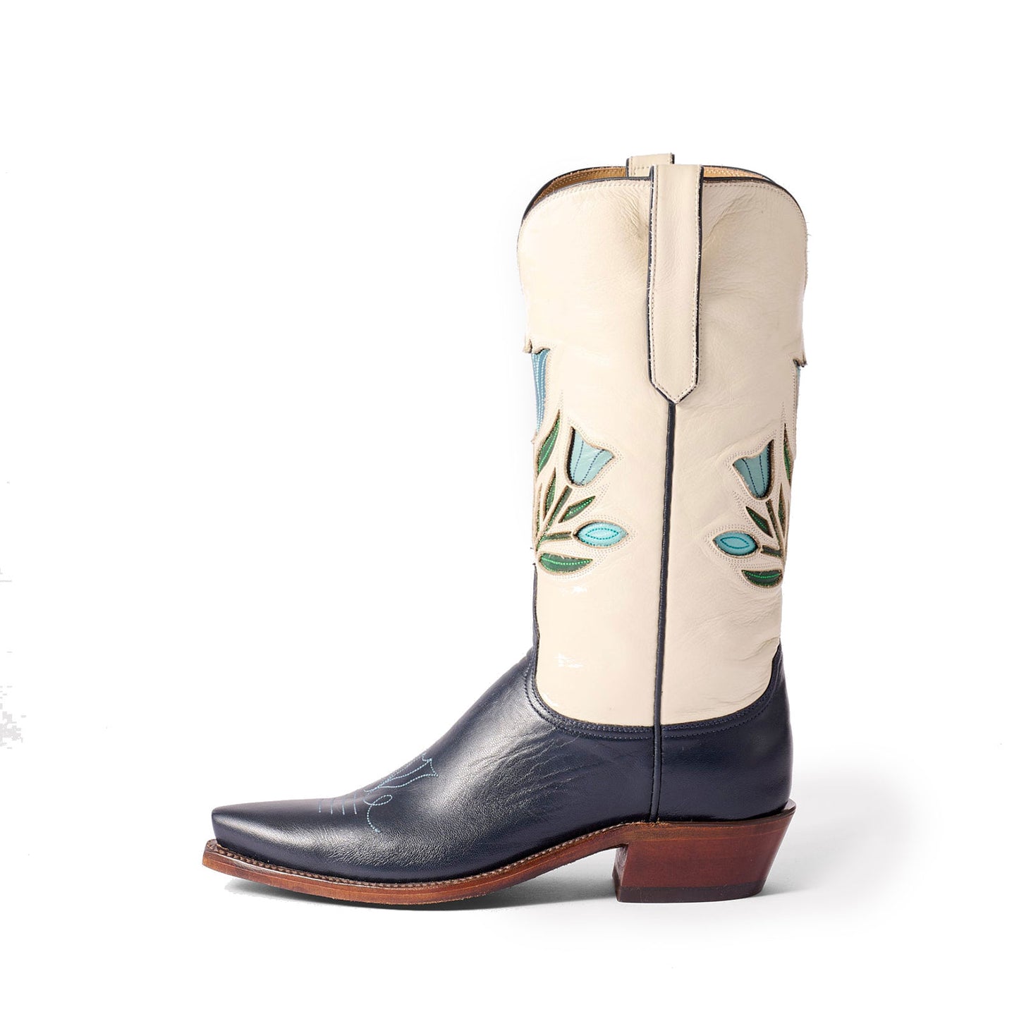 Contrast Cream And Navy Snip-Toe Colorful Tulips Inlay Mid Calf Cowgirl Boots