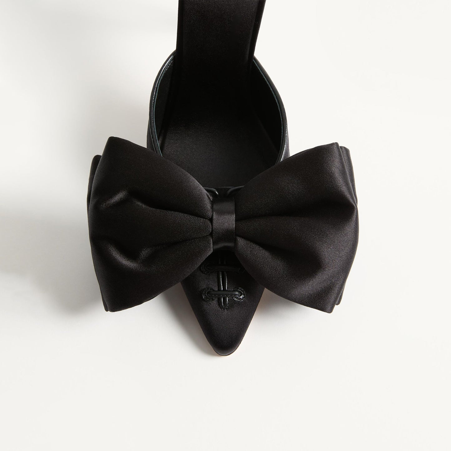Black Satin Pointed-Toe Big Front Bow Backless Mule High Heels