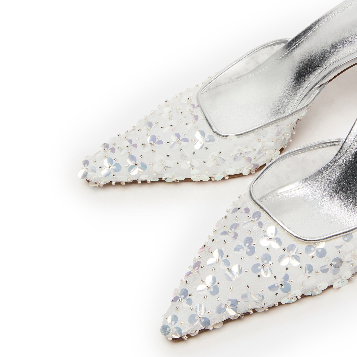 Metallic Silver Sequins Mesh Pointed-Toe Backless High Heels