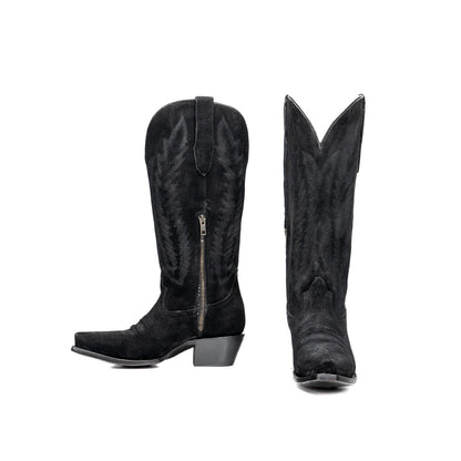 Black Faux Suede Snip-Toe Half-Zip Embroidery Mid Calf Cowgirl Boots