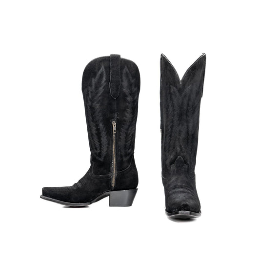 Black Faux Suede Snip-Toe Half-Zip Embroidery Mid Calf Cowgirl Boots